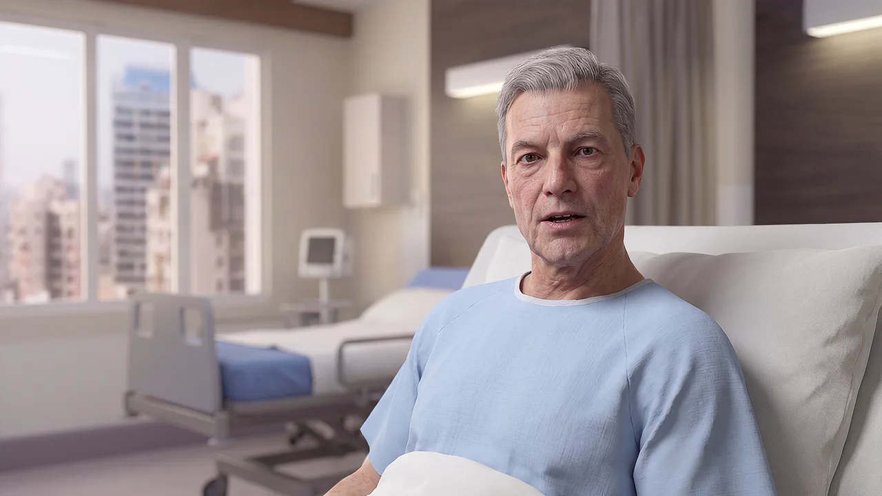 A patient speaks from his hospital room bed, on screen, an empty bed and monitor behind him.