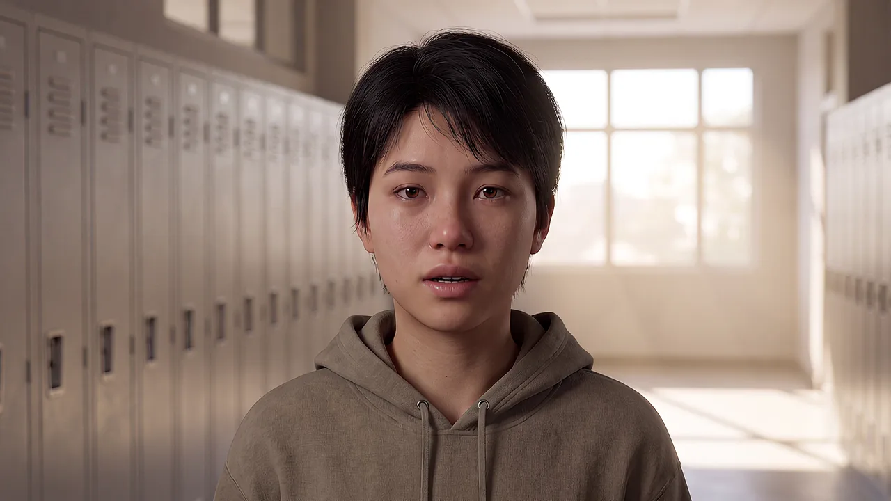 A student speaks from a school corridor lined with lockers, on screen, mid-sentence.