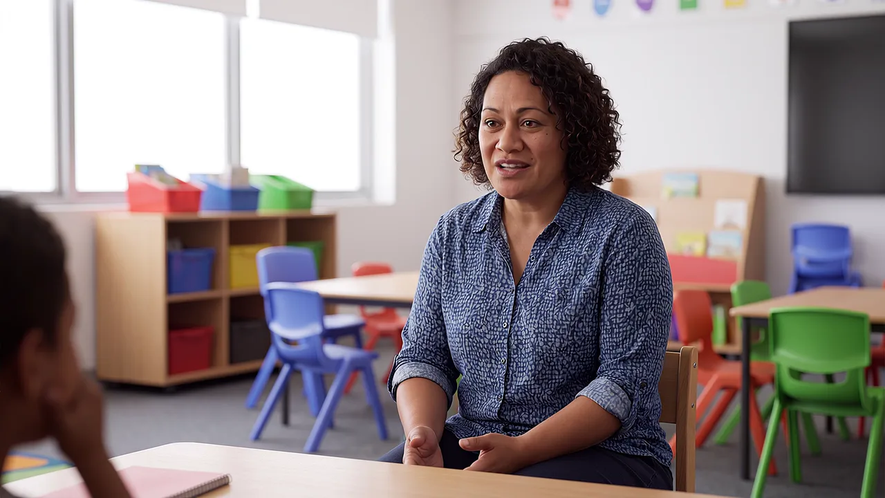 A teacher sits in a classroom mid-sentence, the kind of practice partner a learner practises a difficult conversation with before doing it for real