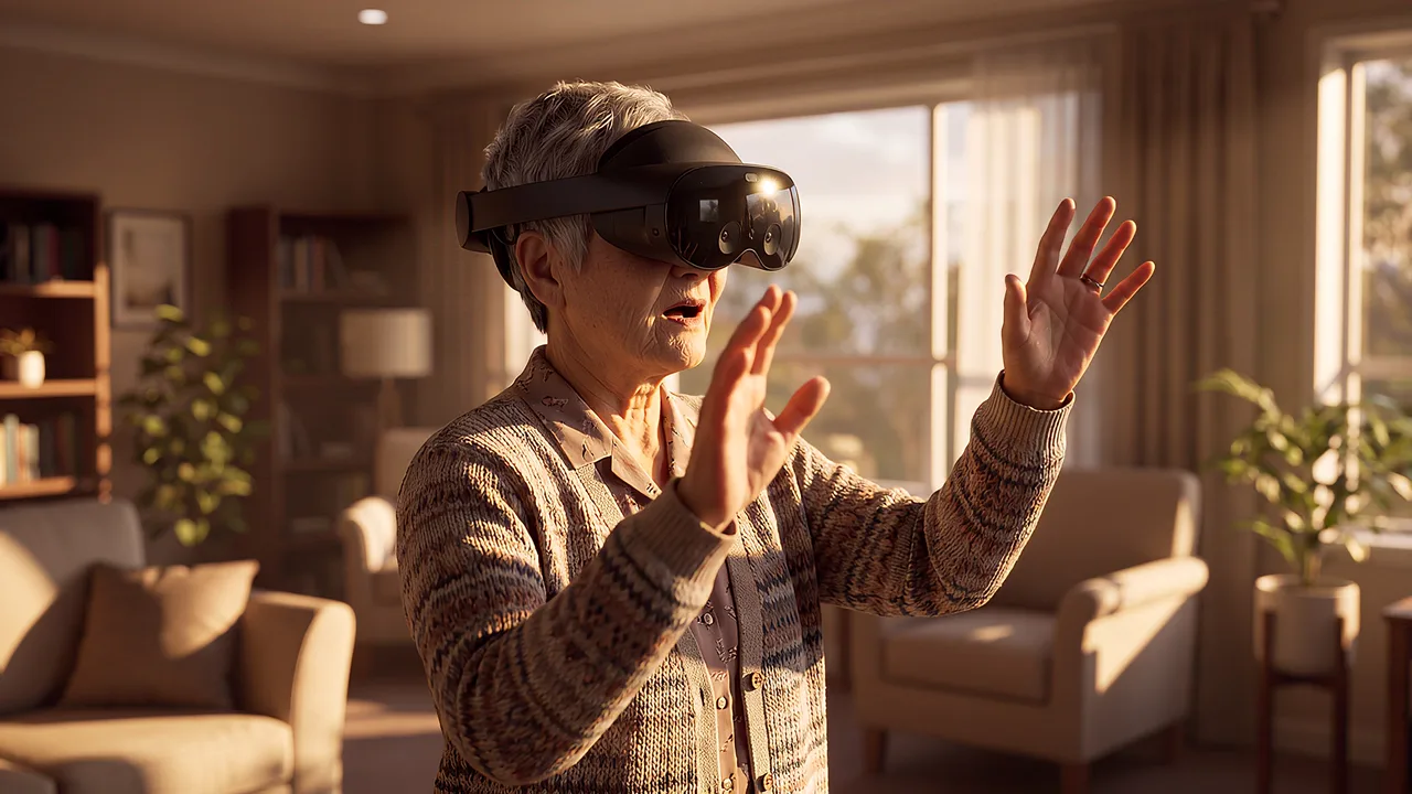 A woman in her eighties wearing the headset lifts both hands in front of her, mouth open, during her first VR training experience.