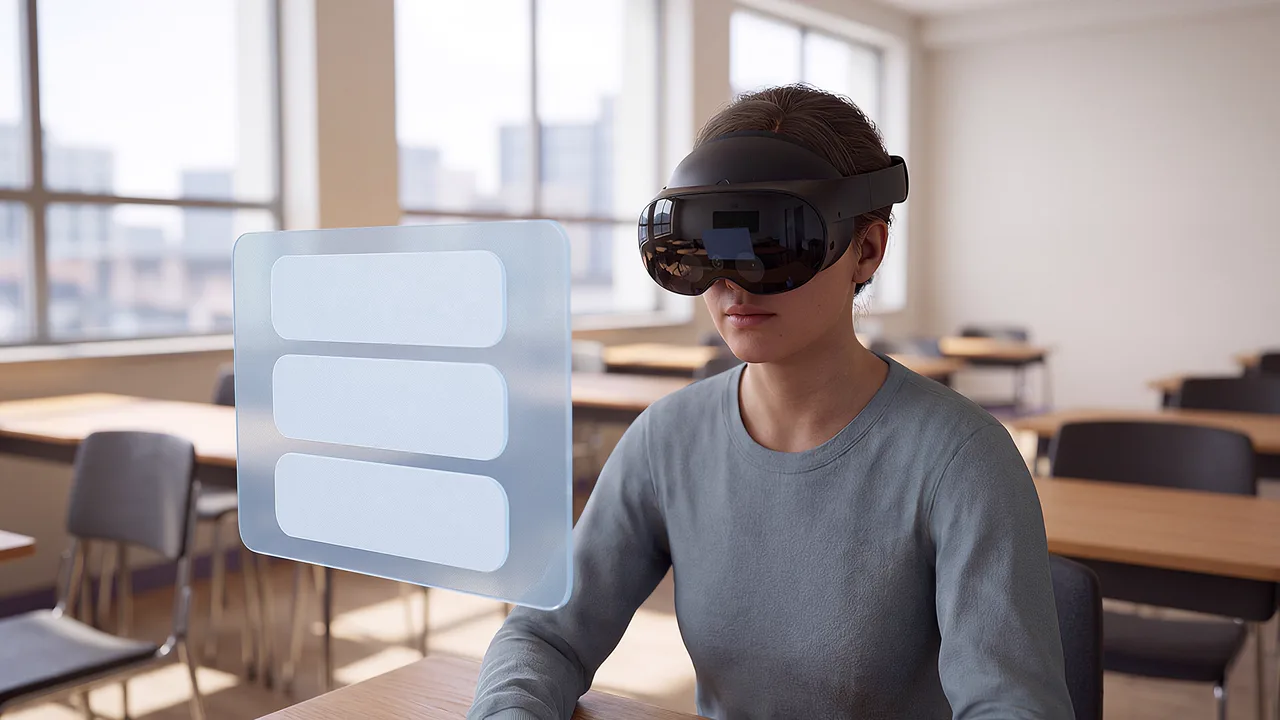 A young woman wearing a VR headset faces a floating panel of three choices in an empty classroom, pausing mid-scenario to decide how she responds
