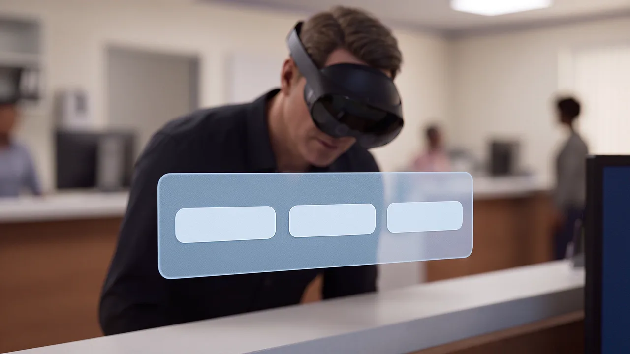 A man wearing a VR headset leans over a service counter, facing a floating panel of three choices, deciding how to respond in this roleplay scenario.