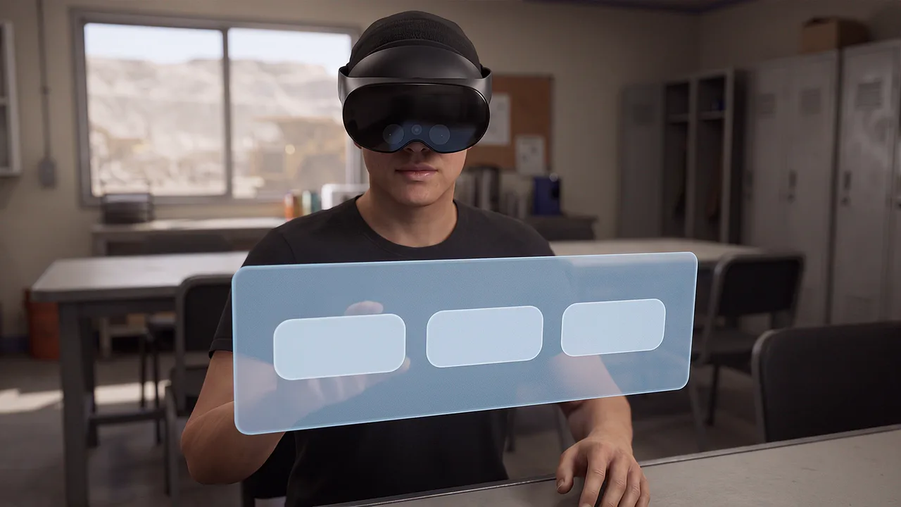 A crew member wearing the headset faces a translucent panel of choice buttons in a mine site crib room, lockers and desks blurred behind him.