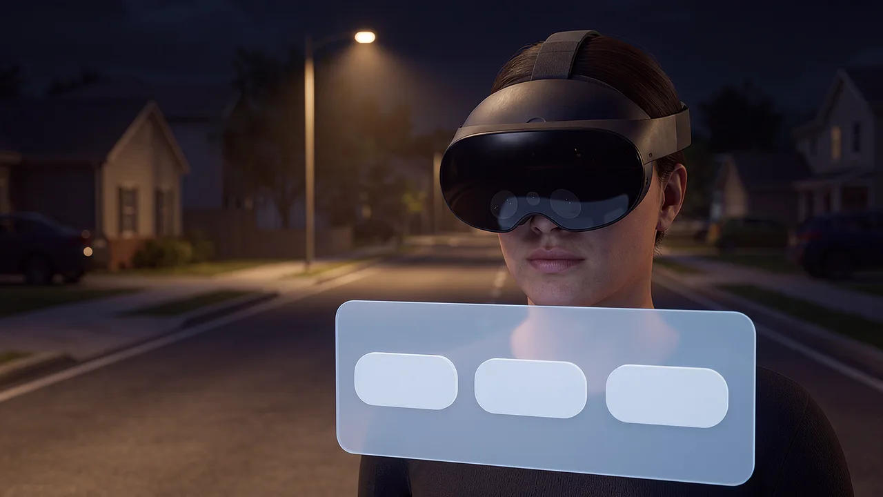 A woman wearing a VR headset faces a three-choice panel on a suburban street at night, the shape a PTR VR Library title puts in front of a learner.