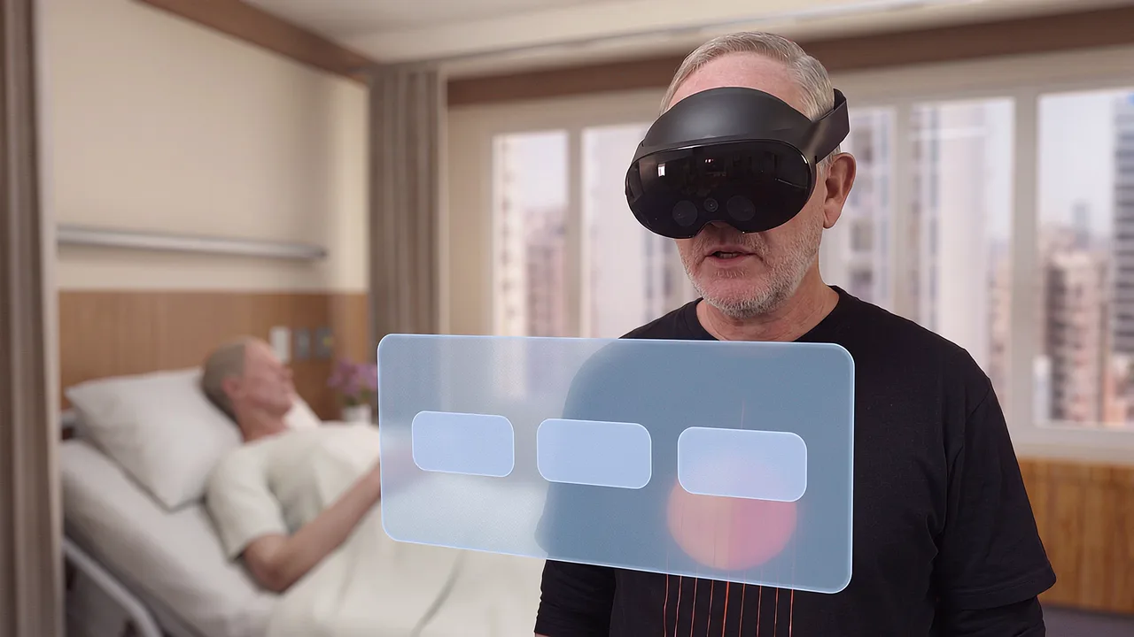A man wearing a VR headset stands at a hospital bedside facing a floating panel of choices, a patient in the bed beyond.