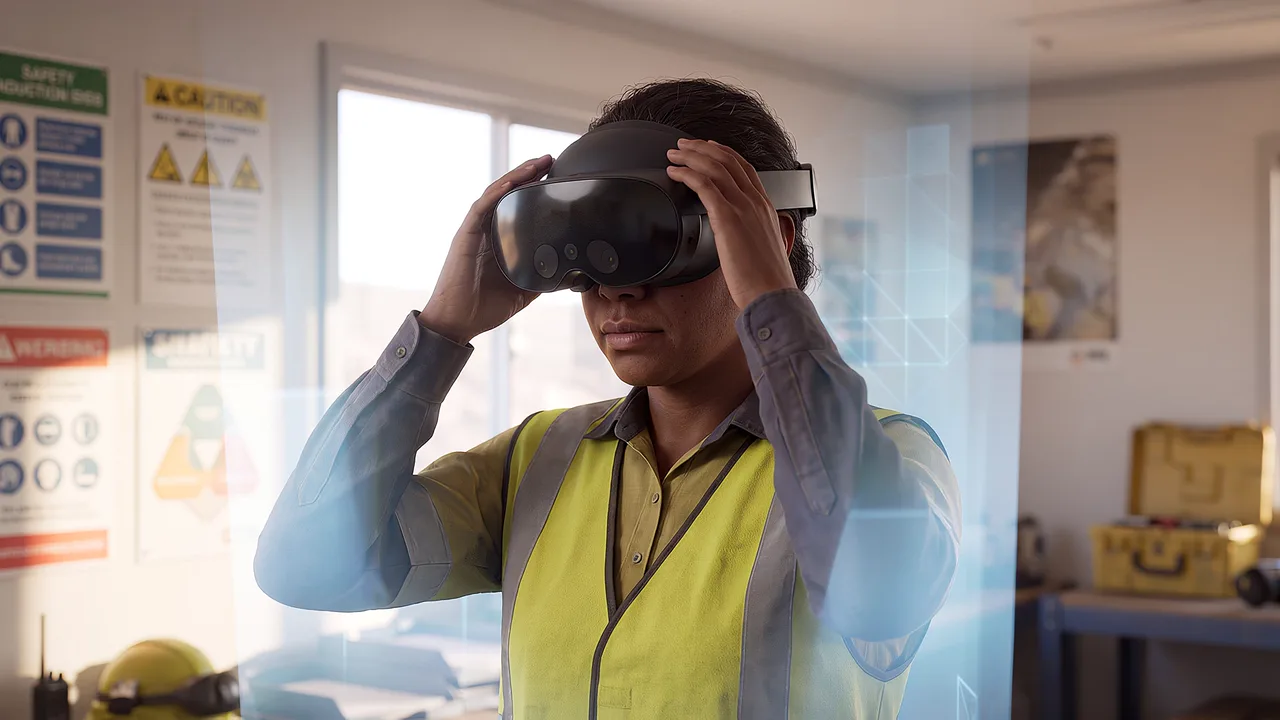 A crew member in plain hi-vis lifts the headset on, on site