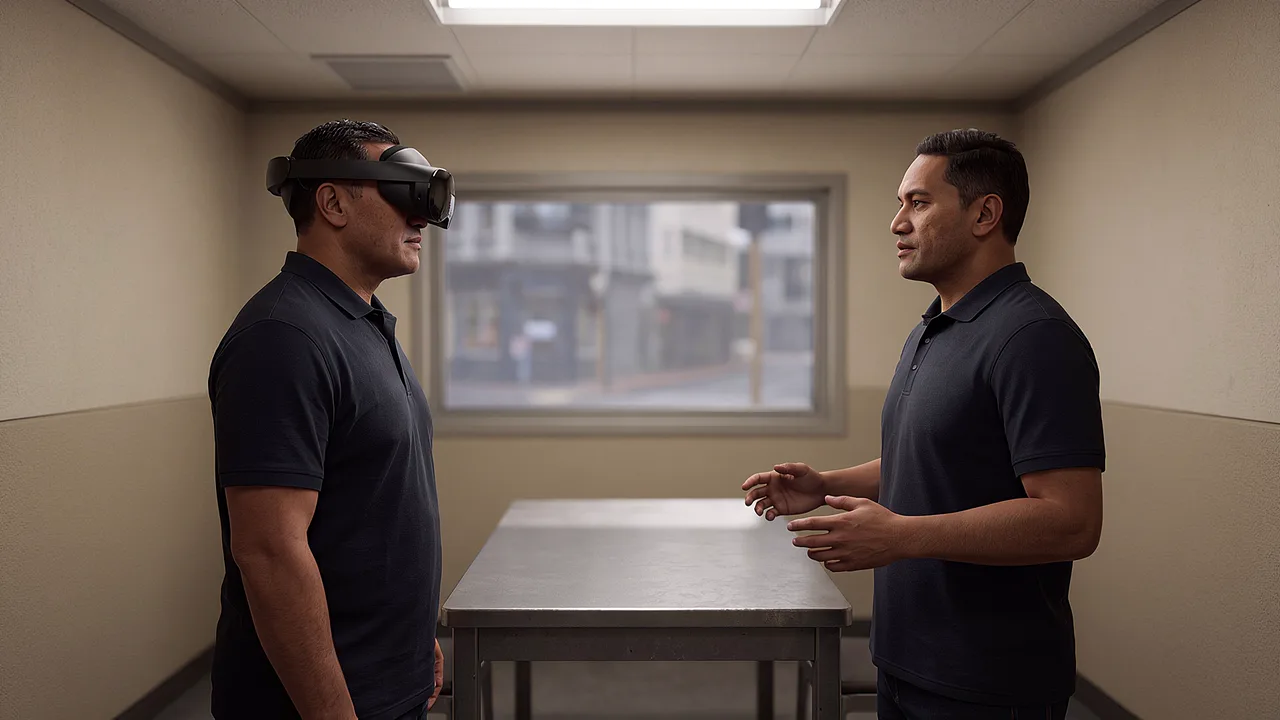 An officer faces a mirrored version of himself across a steel table in a plain room, rehearsing a conversation before he has it for real.