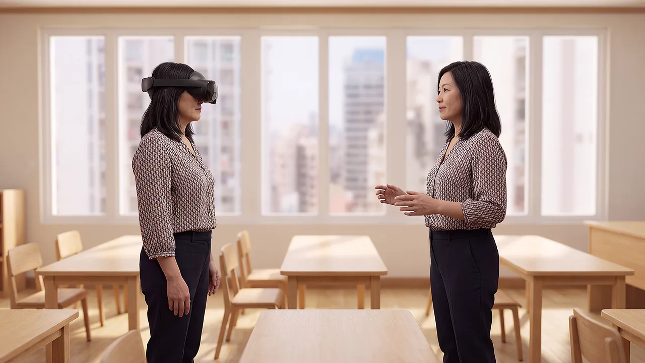 A teacher stands between rows of empty classroom desks, headset raised, facing her own reflection.