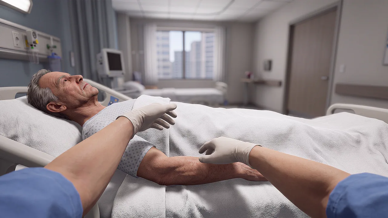 Two hands reach gently toward a patient's forearm resting on a blanket, a first-person moment from one of PTR's role-play and rehearsal scenarios.