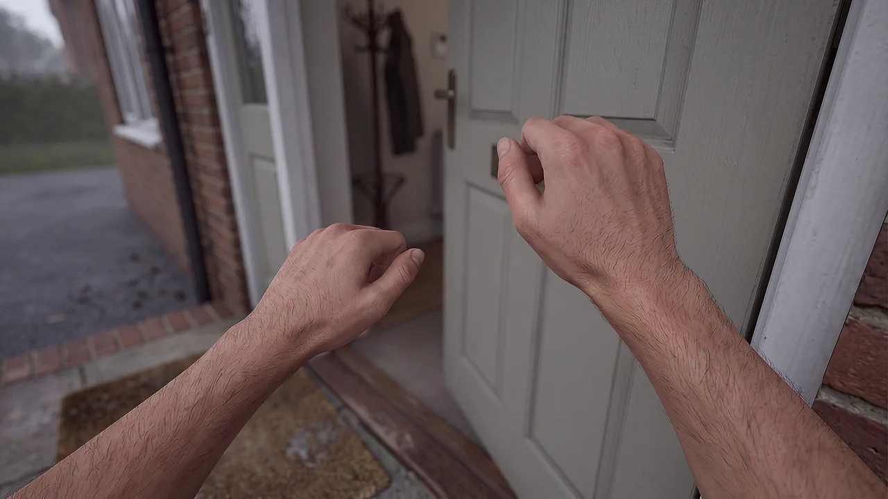 Two hands hover at an open front door, about to knock, a hallway with a coat rack visible beyond, a first-person moment from a doorstep training scenario.