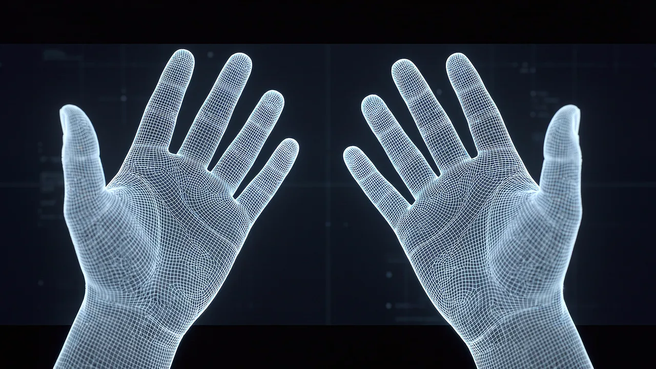 Two luminous pale-blue wireframe hands reach toward the camera, palms open, against a deep dark background, representing the digital technology behind PTR's builds.