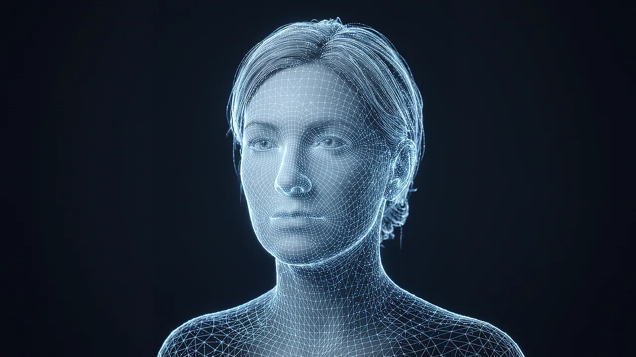 A luminous pale-blue wireframe and point-cloud portrait of a woman, head and shoulders, against a deep dark background, the digital scaffold behind an AI twin.