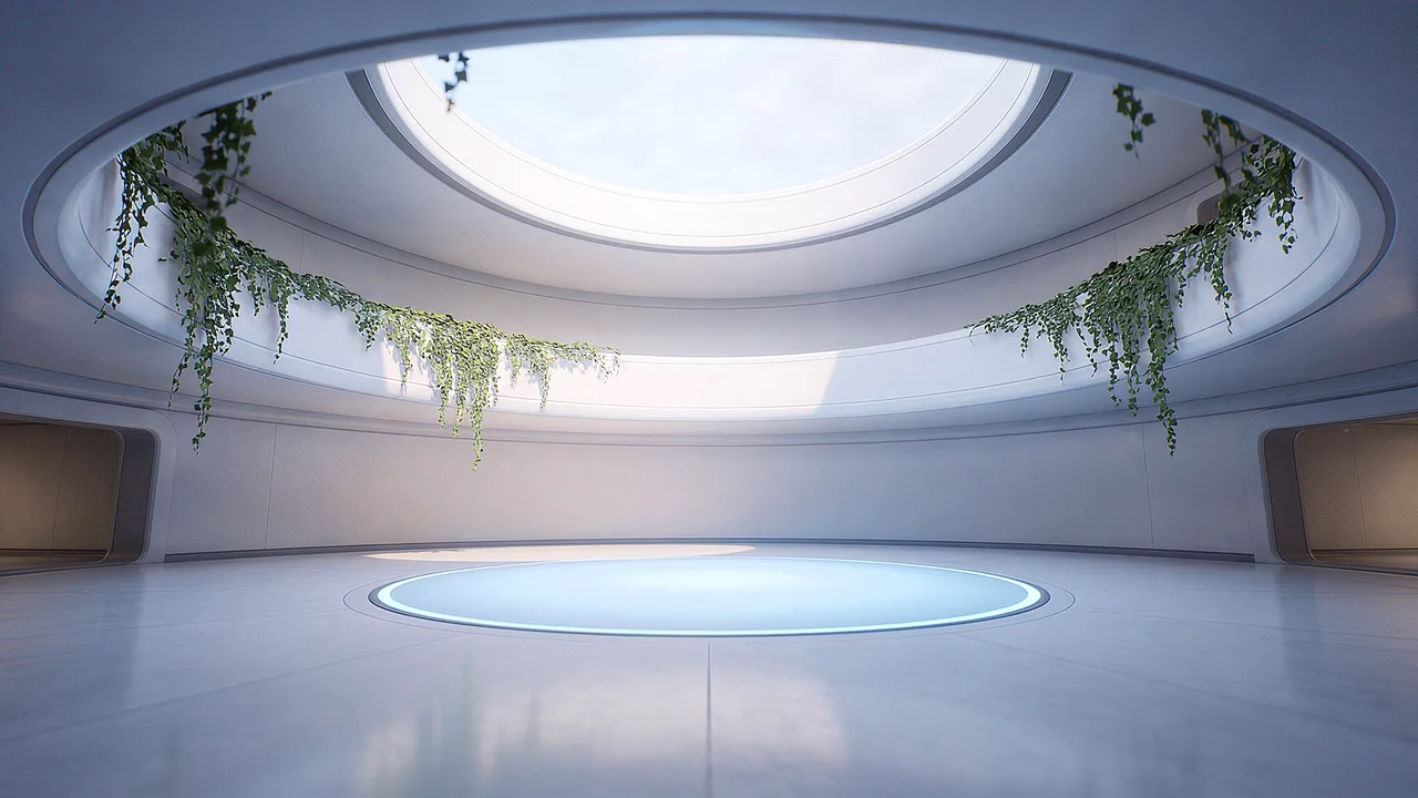 A vast bright circular atrium with a round open skylight, trailing ivy and curved white walls, one of the PTR VR Library's settings.