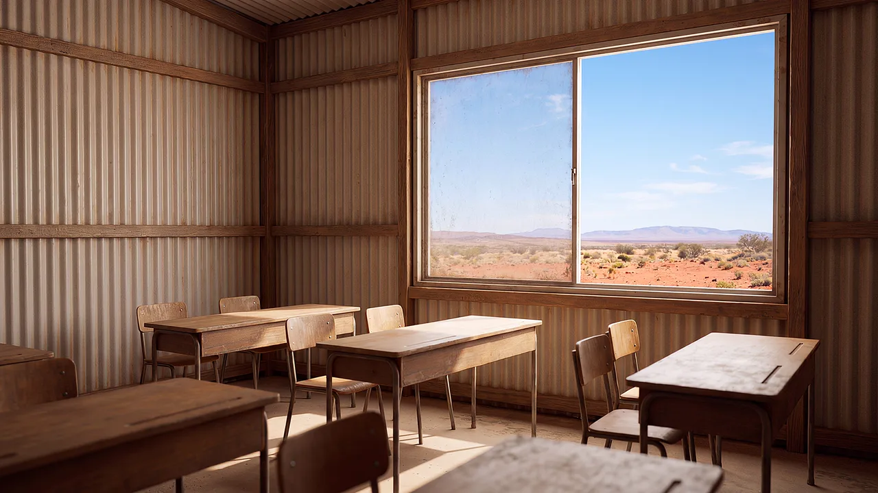 A remote-community classroom with corrugated walls and a window onto red earth and low scrub under a huge sky, a simulated environment for the settings this practice happens in