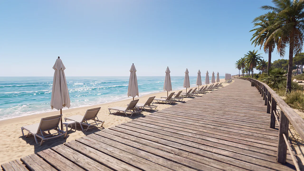A bright beachside boardwalk with parasols and sparkling water under hard coastal light, a simulated environment for the settings this practice happens in, with nobody in it