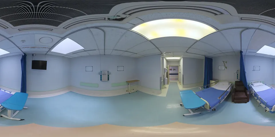 A second hospital room. The whole 360 sphere of the scene unwrapped into one wide strip, as the viewer stores it.