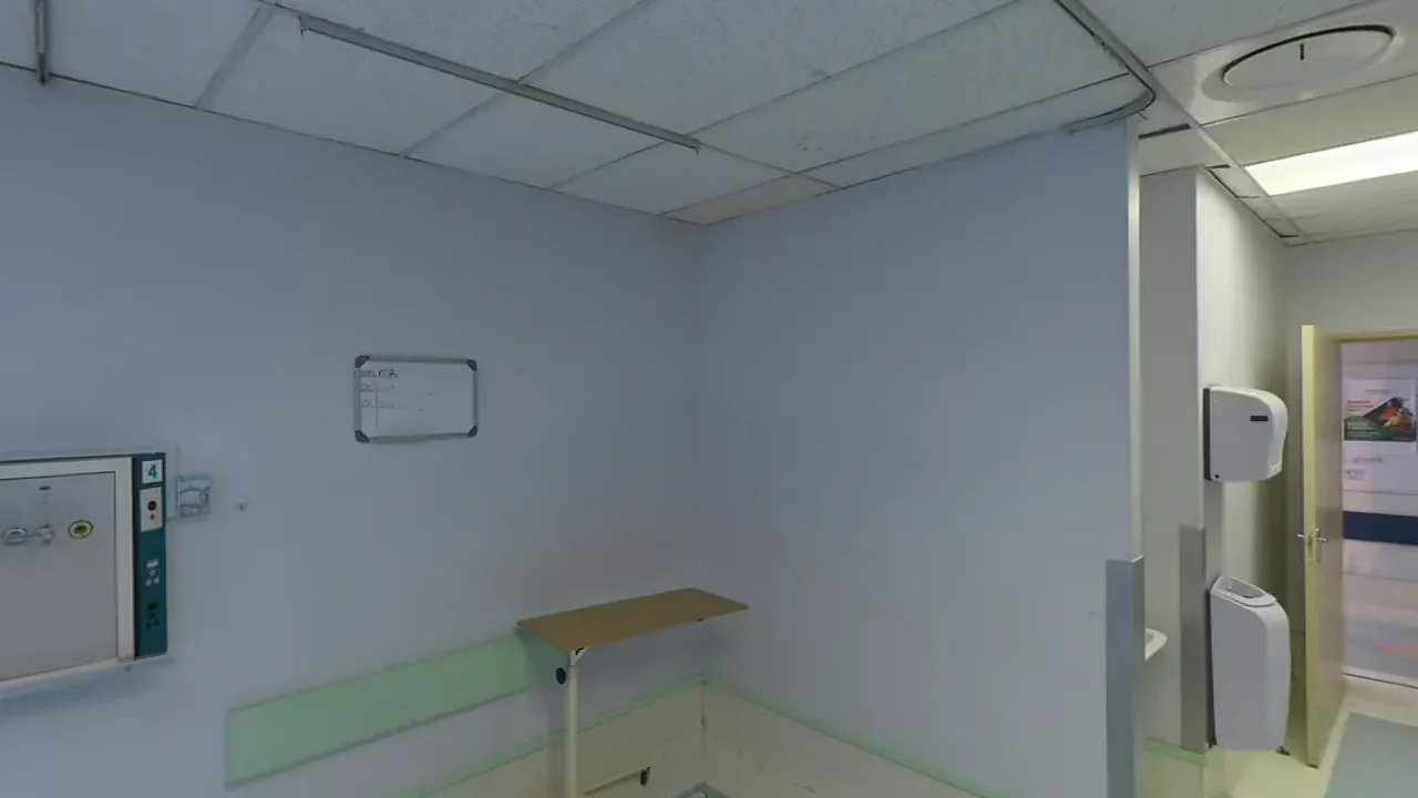 A second hospital room. A looping 360 scene built as a Fast Builds 360 experience, shown flat.