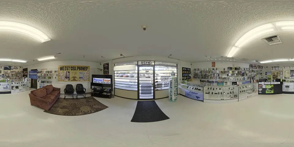 A phone shop. The whole 360 sphere of the scene unwrapped into one wide strip, as the viewer stores it.