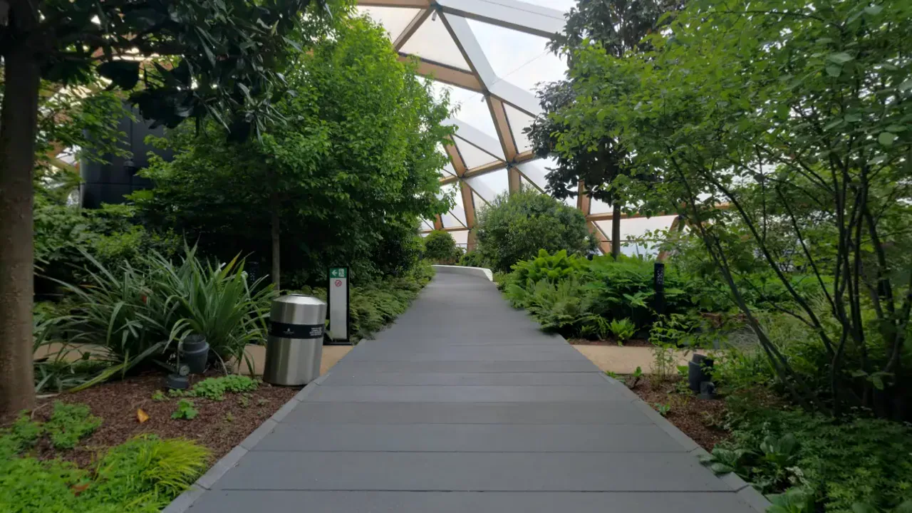 A roof garden. A looping 360 scene built as a Fast Builds 360 experience, shown flat.