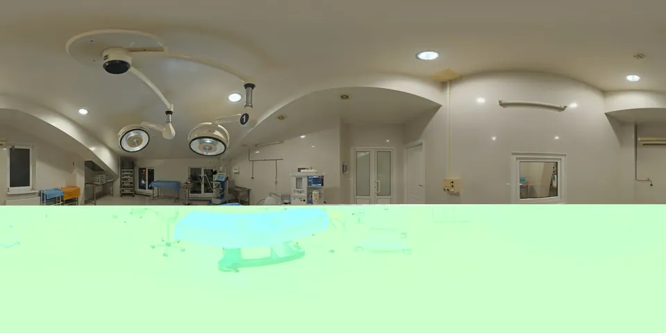 A surgery room. The whole 360 sphere of the scene unwrapped into one wide strip, as the viewer stores it.