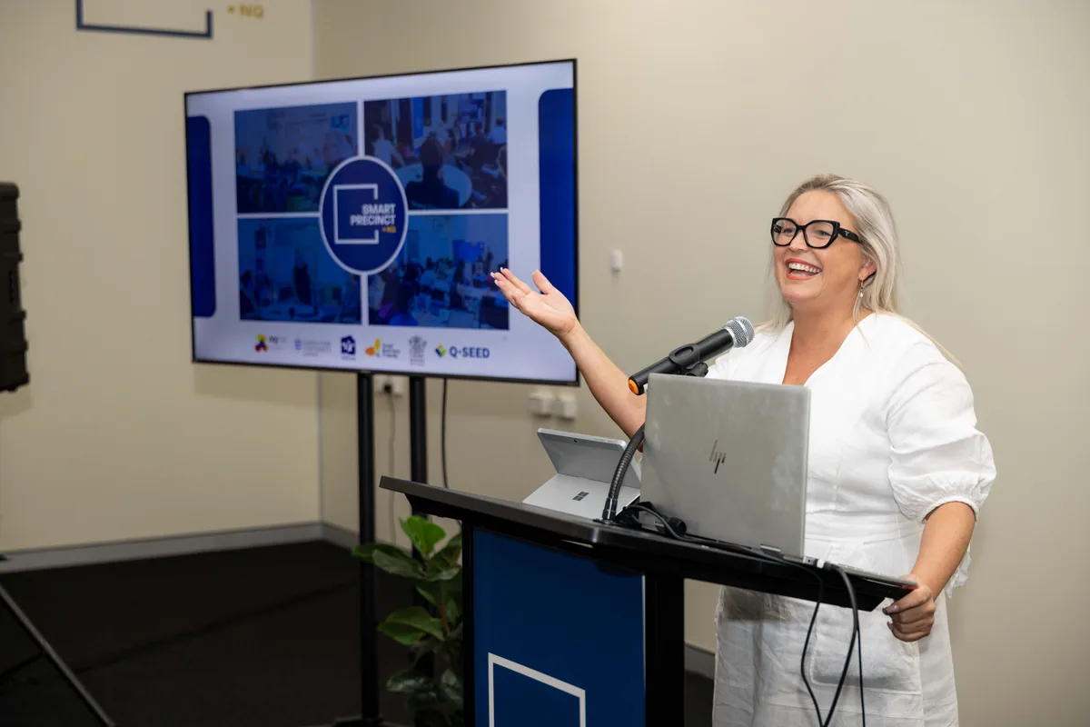 Introducing the program for the evening. PTR VR Library public launch at Smart Precinct NQ, Townsville, 18 July 2024.