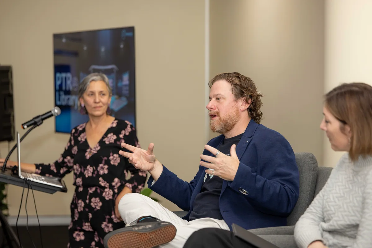 Leonie Sanderson and Simon Lowe on the panel. PTR VR Library public launch at Smart Precinct NQ, Townsville, 18 July 2024.