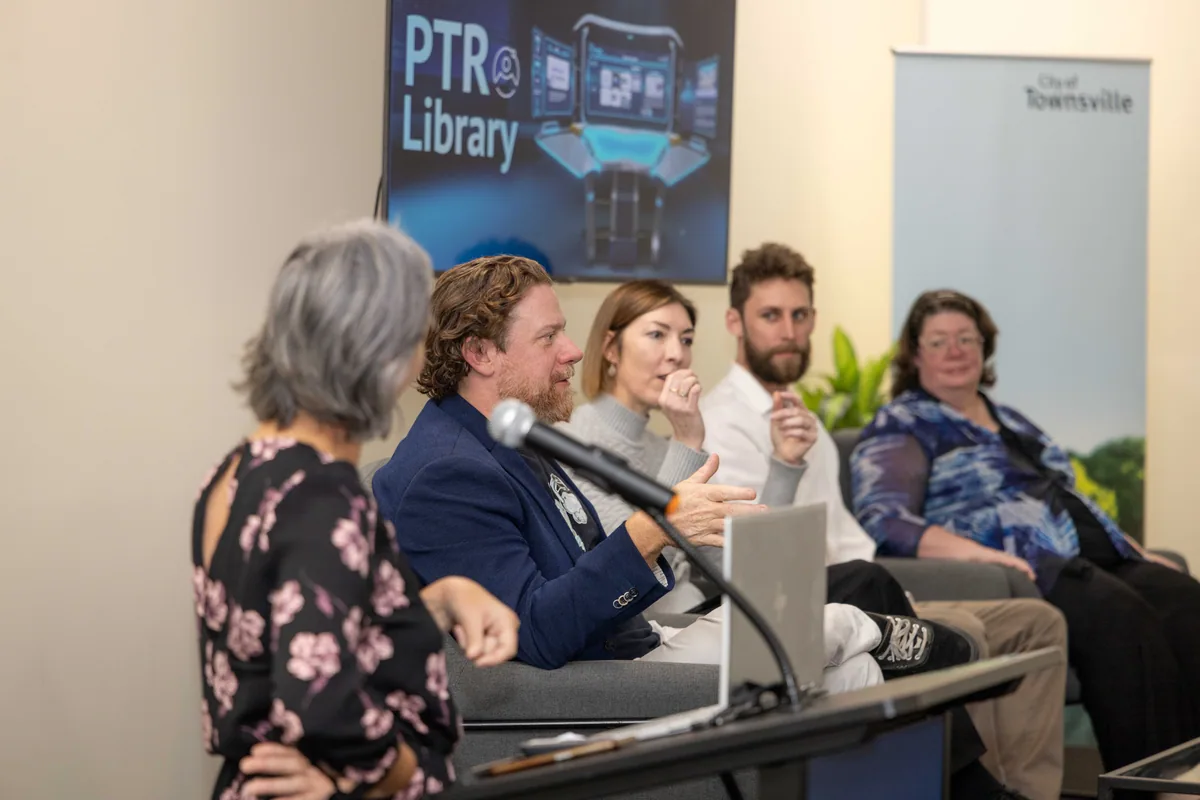 The panel and the room in conversation. PTR VR Library public launch at Smart Precinct NQ, Townsville, 18 July 2024.