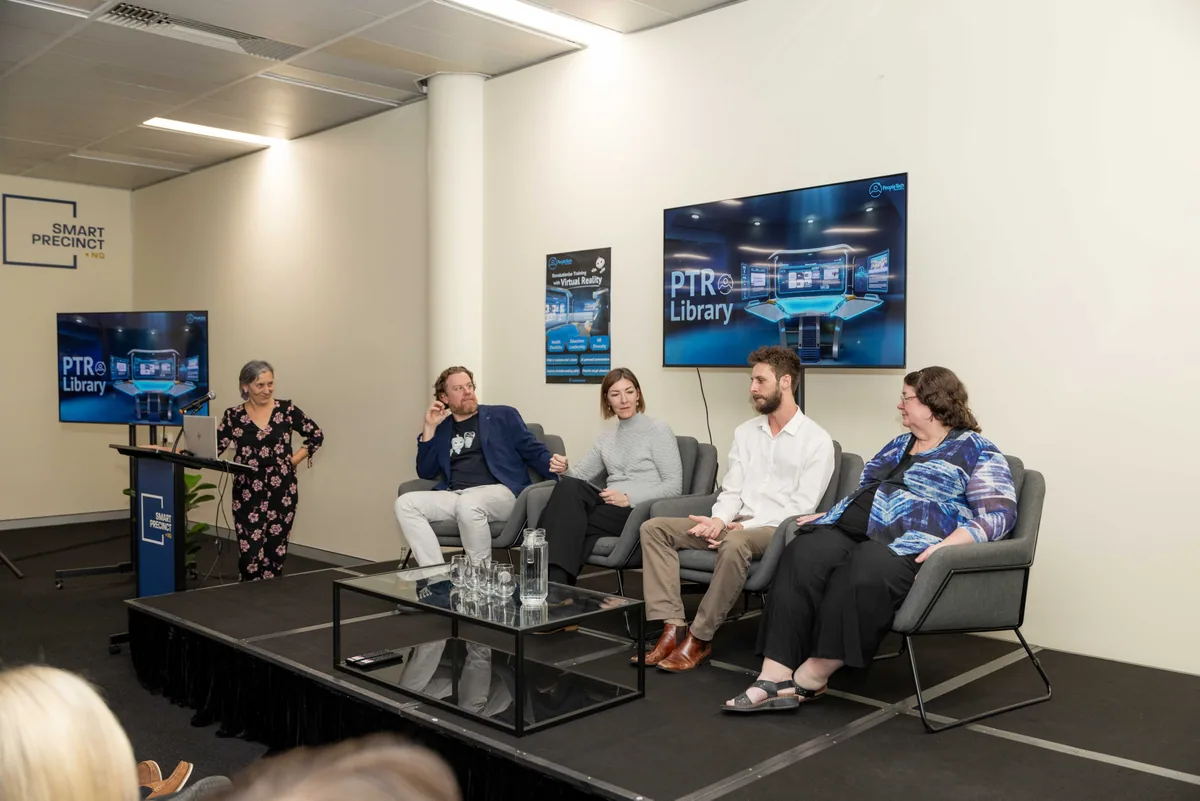The panel seen across the room. PTR VR Library public launch at Smart Precinct NQ, Townsville, 18 July 2024.
