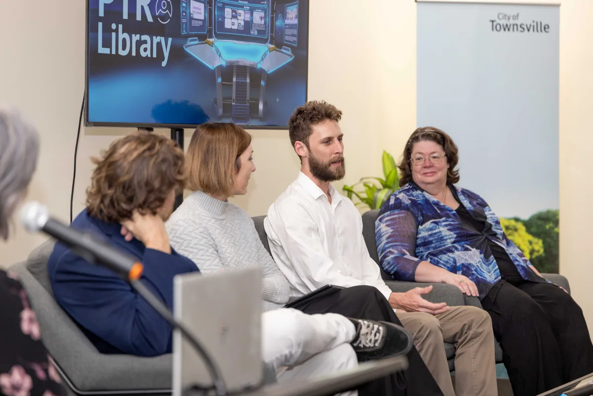 The panel seen from the side of the room. PTR VR Library public launch at Smart Precinct NQ, Townsville, 18 July 2024.