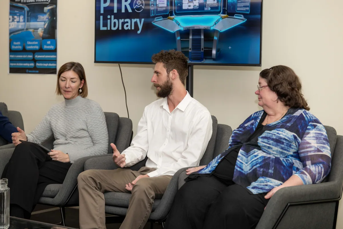 Panellists turned toward one another. PTR VR Library public launch at Smart Precinct NQ, Townsville, 18 July 2024.