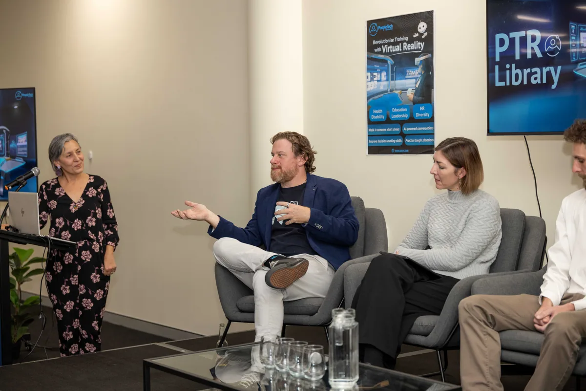 Simon Lowe making a point to the panel. PTR VR Library public launch at Smart Precinct NQ, Townsville, 18 July 2024.