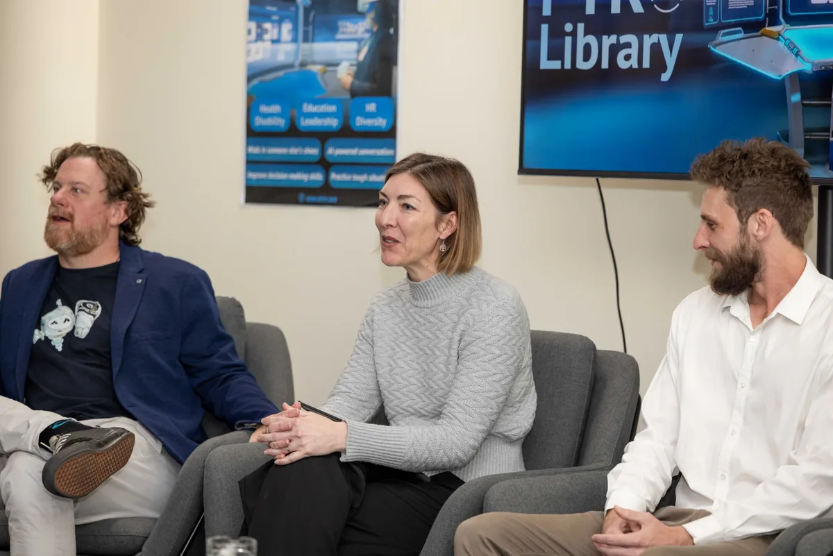 Three panellists listening to a question. PTR VR Library public launch at Smart Precinct NQ, Townsville, 18 July 2024.