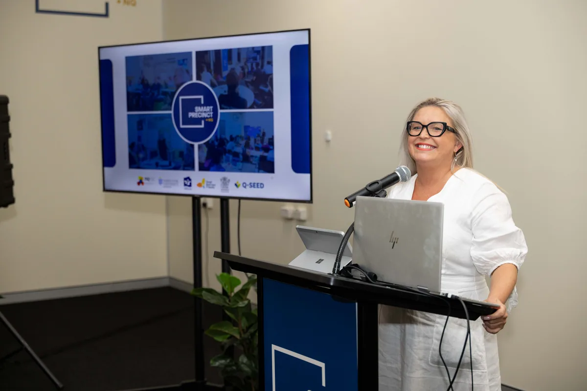 The welcome, with the partner slide behind. PTR VR Library public launch at Smart Precinct NQ, Townsville, 18 July 2024.