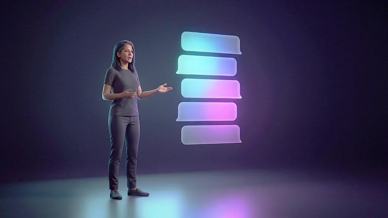 A woman stands in a dark studio beside a rising stack of blank message panels, mid-sentence.