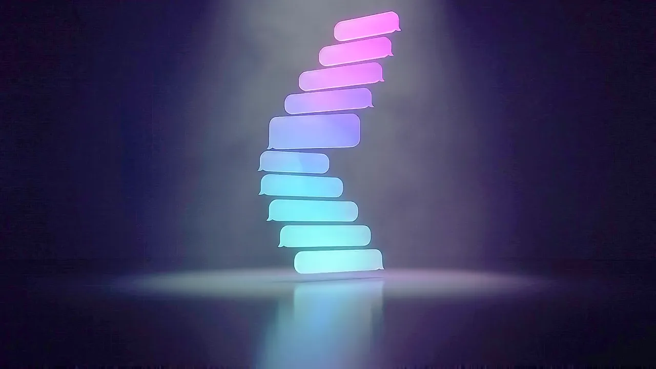 A tall stack of blank message panels rises and recedes into the dark, with nobody in the frame.