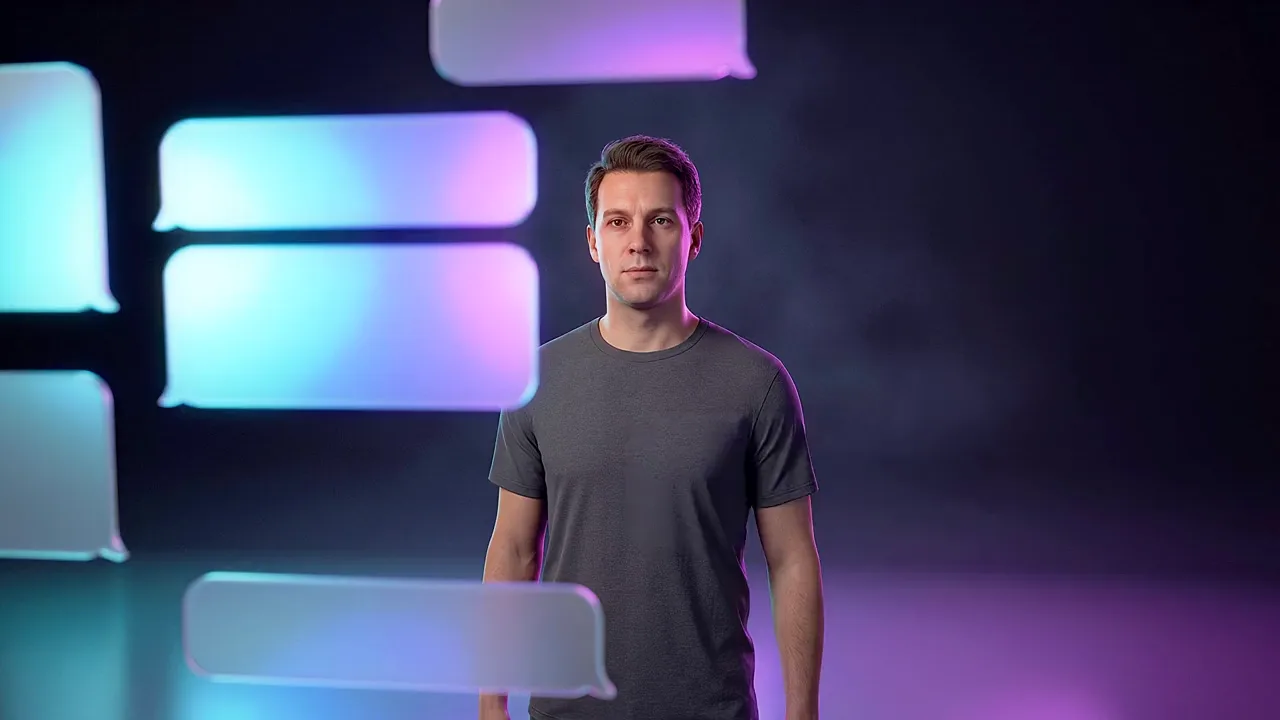 A man stands in a dark studio behind a wall of glowing message panels, reading the conversation from the other side.