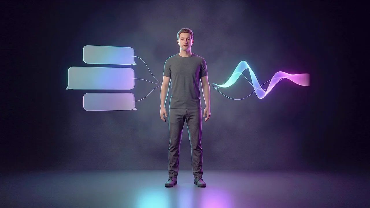 A man stands in a dark studio with a stack of message panels on one side of him and a ribbon of sound on the other.