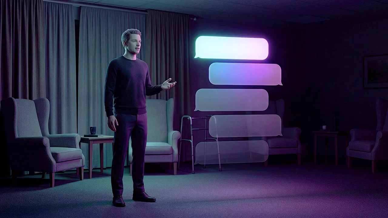 A man stands in an aged-care lounge among empty armchairs, a stack of glowing message panels beside him.