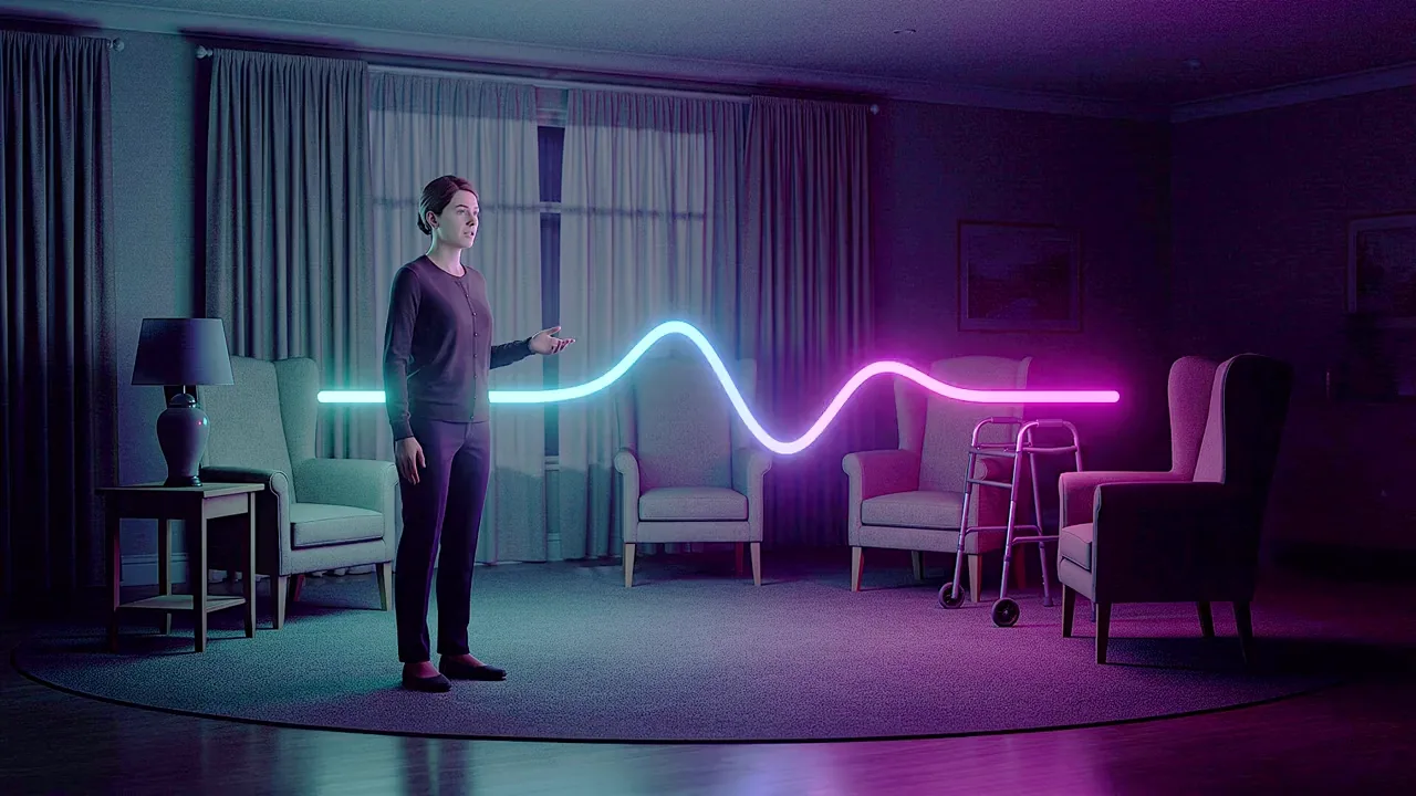 A man stands in the same aged-care lounge, a ribbon of light running the width of the frame as he speaks.