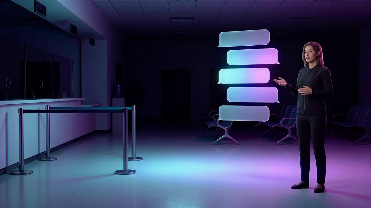 A woman stands in an empty service centre among queue barriers, a stack of glowing message panels beside her.