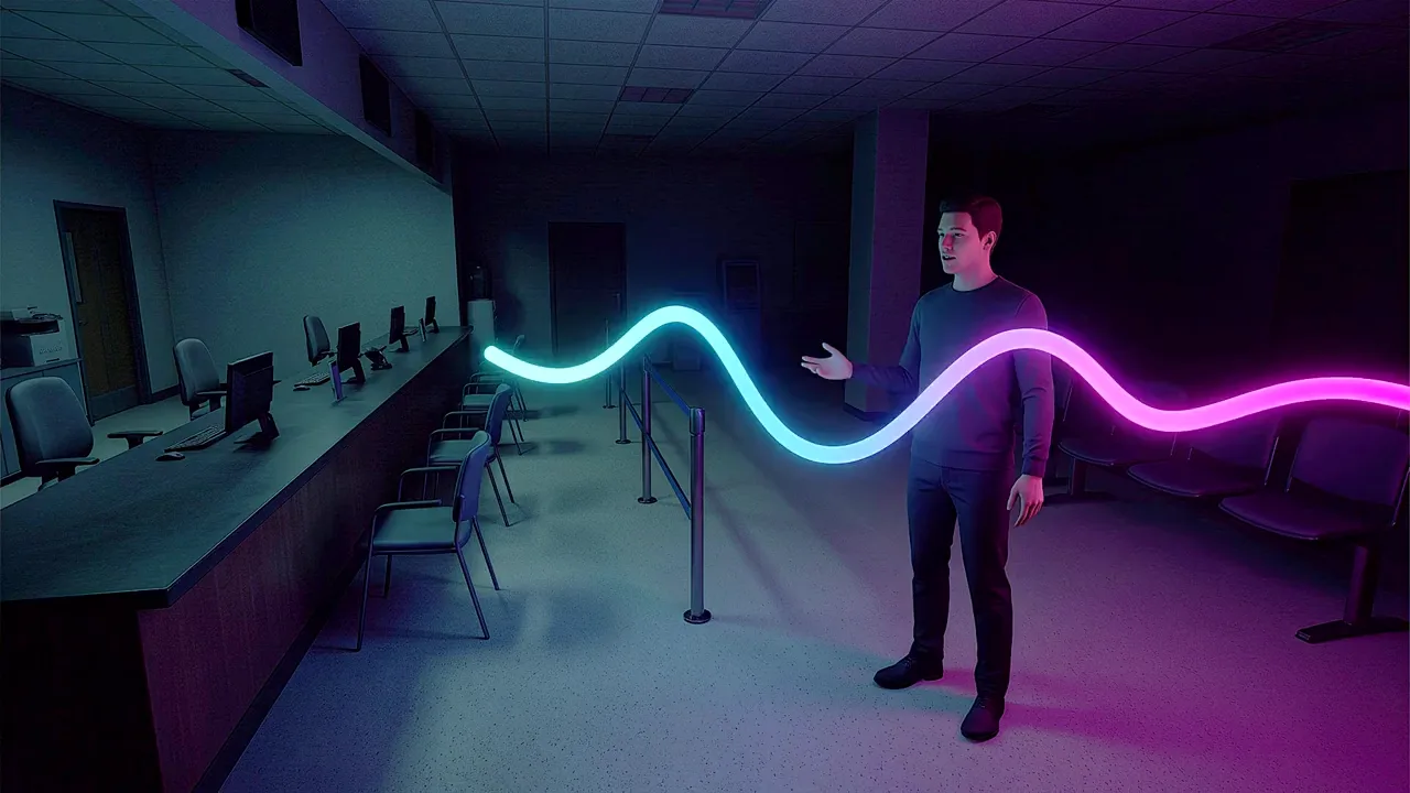 A man stands among the counters of an empty service centre, a ribbon of light running across the frame as he speaks.