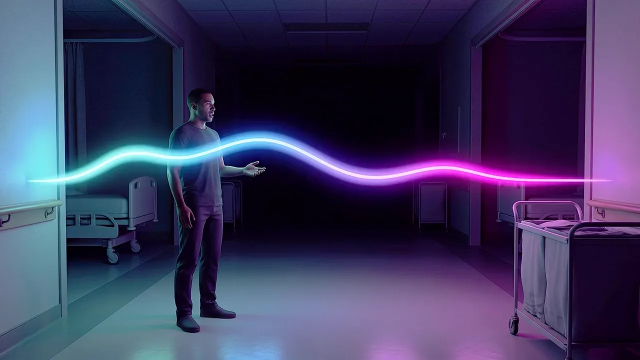 A man stands in a darkened ward bay, a ribbon of light running across the frame as he speaks.