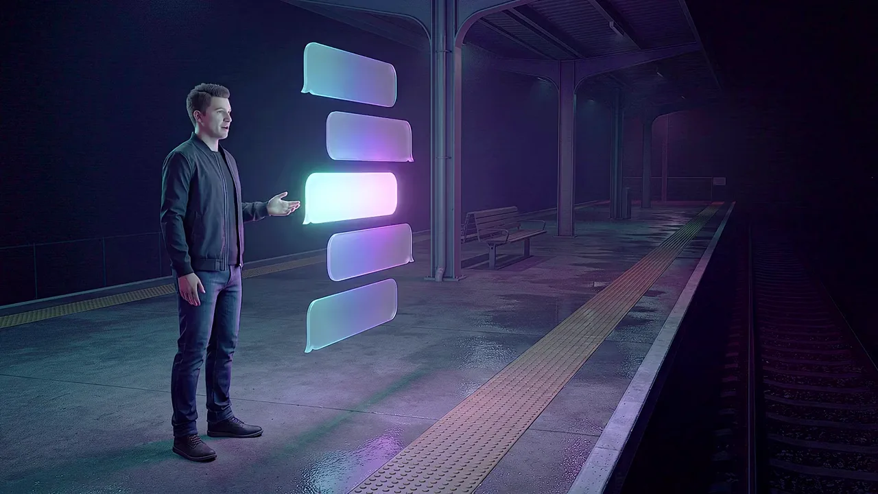 A man stands on an empty railway platform beside a stack of glowing message panels.