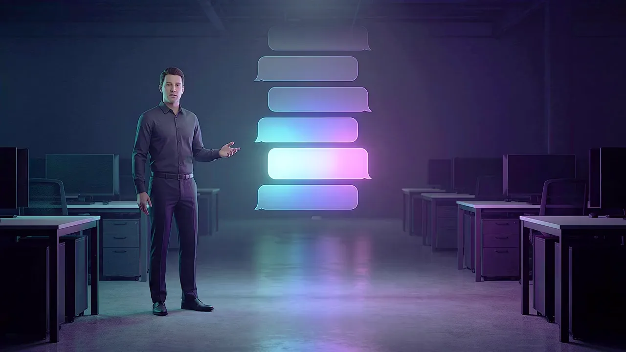 A man stands on an empty open-plan office floor beside a stack of glowing message panels.