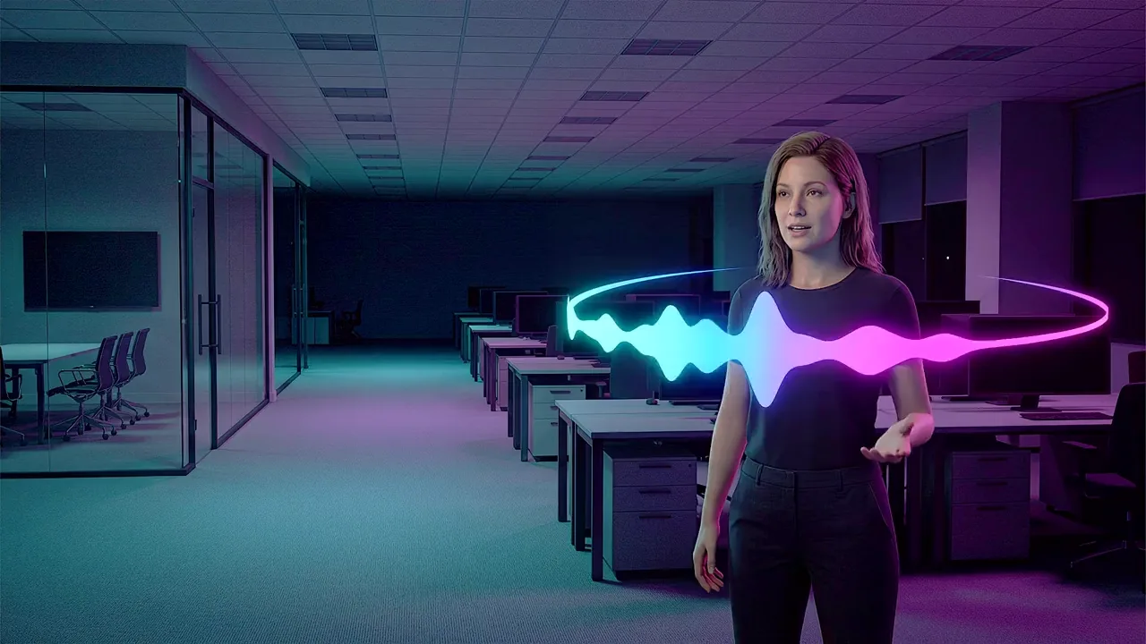 A woman stands on an empty open-plan office floor, a band of sound curving around her as she speaks.