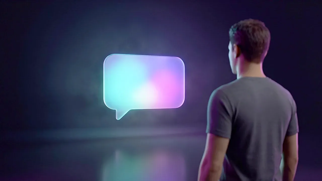A man seen from behind faces a single large glowing message panel in a dark studio.