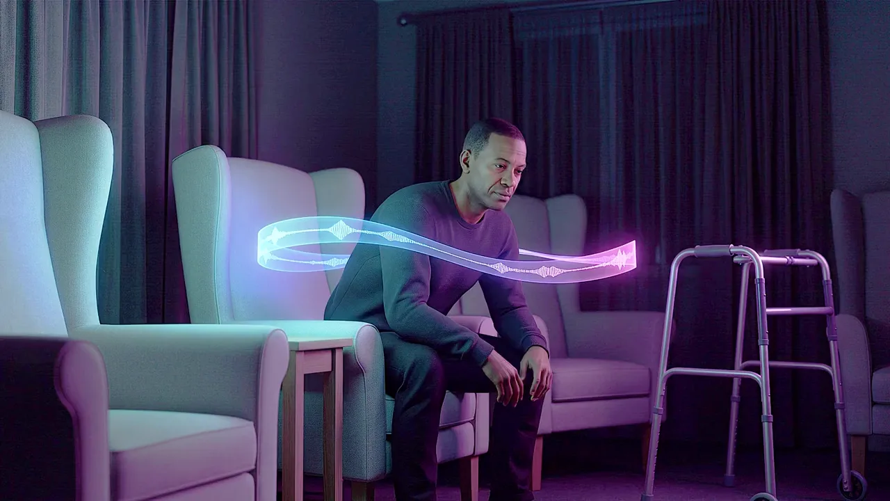 A man sits forward in an armchair in a darkened aged-care lounge, a ribbon of light curving across the frame and a walking frame beside him.