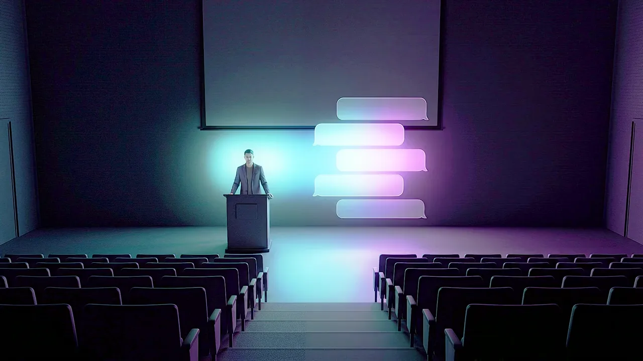 A lecturer stands at the lectern of an empty lecture theatre seen from the back row, a stack of glowing message panels beside them.