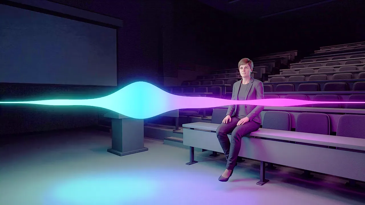 A woman sits on the front bench of an empty lecture theatre, a ribbon of light running the width of the frame.