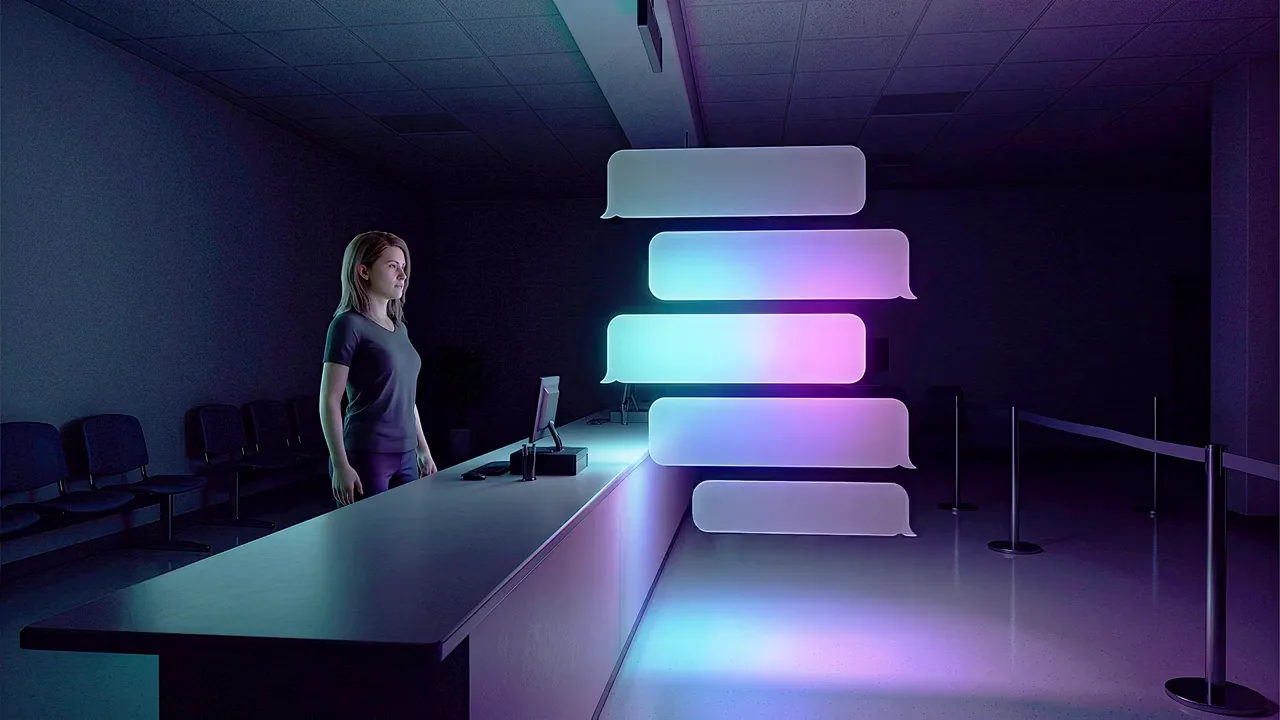 A public servant stands behind the counter of a darkened service centre, a stack of glowing message panels lit above the counter.